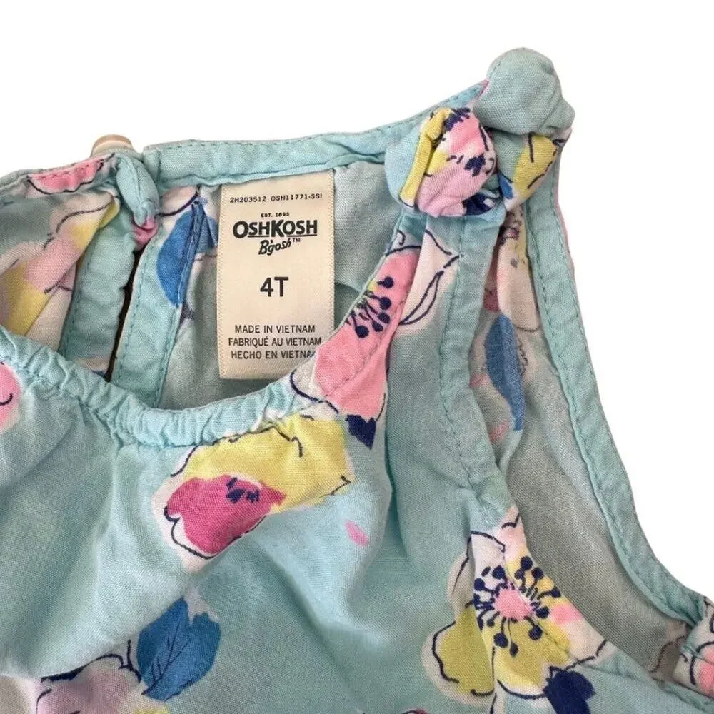 OshKosh Sleeveless Ruffle Blouse Turquoise with Pink Flowers 4T